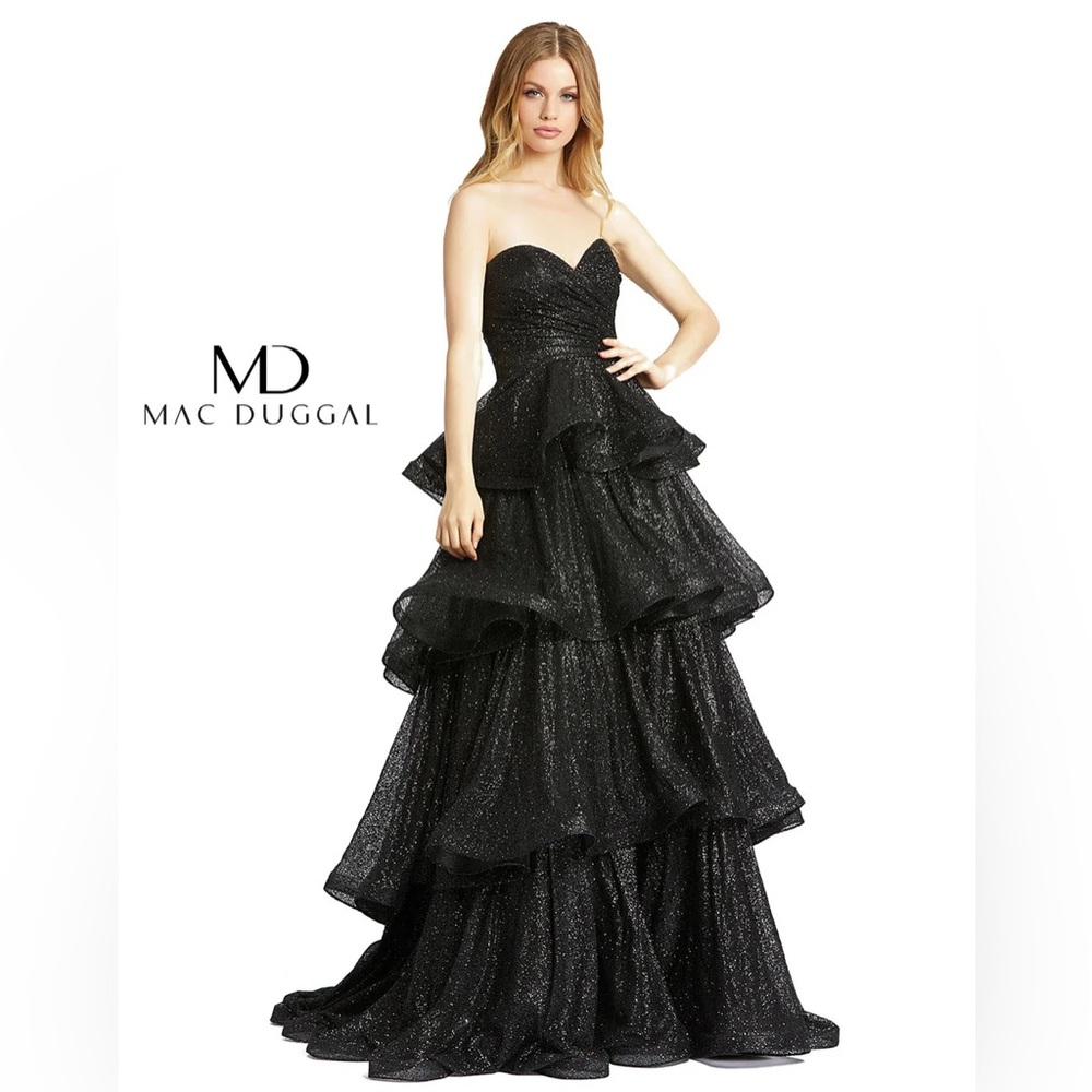 MacDuggal Black Strapless Glitter Tulle Tiered Ball Gown